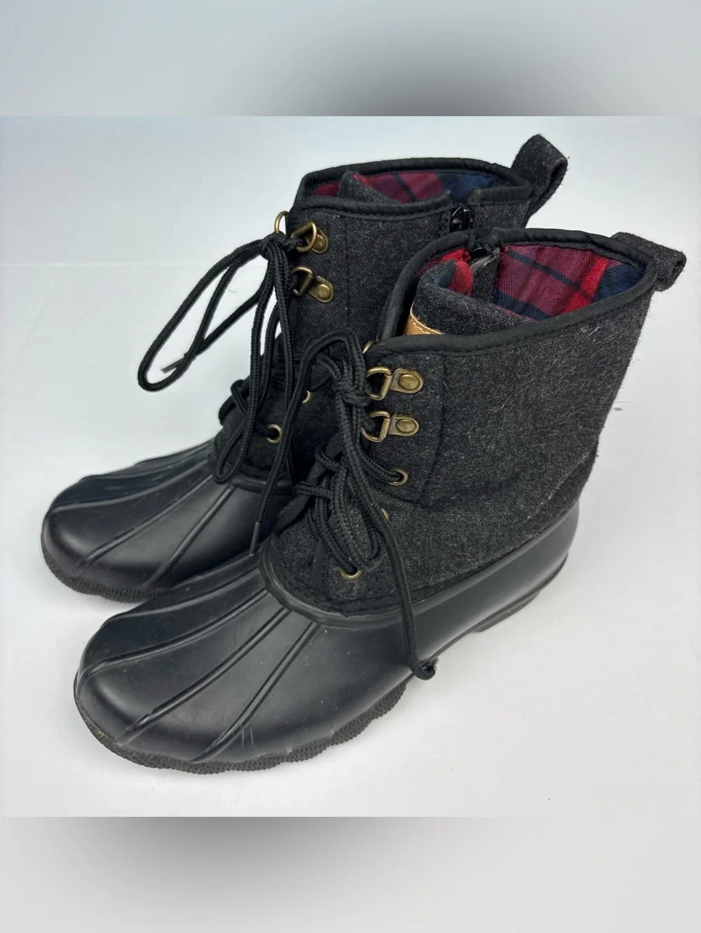 Tommy Hilfiger Women Size 5 Duck Boots Gray Tweed Black Rubber Lace Up Rain